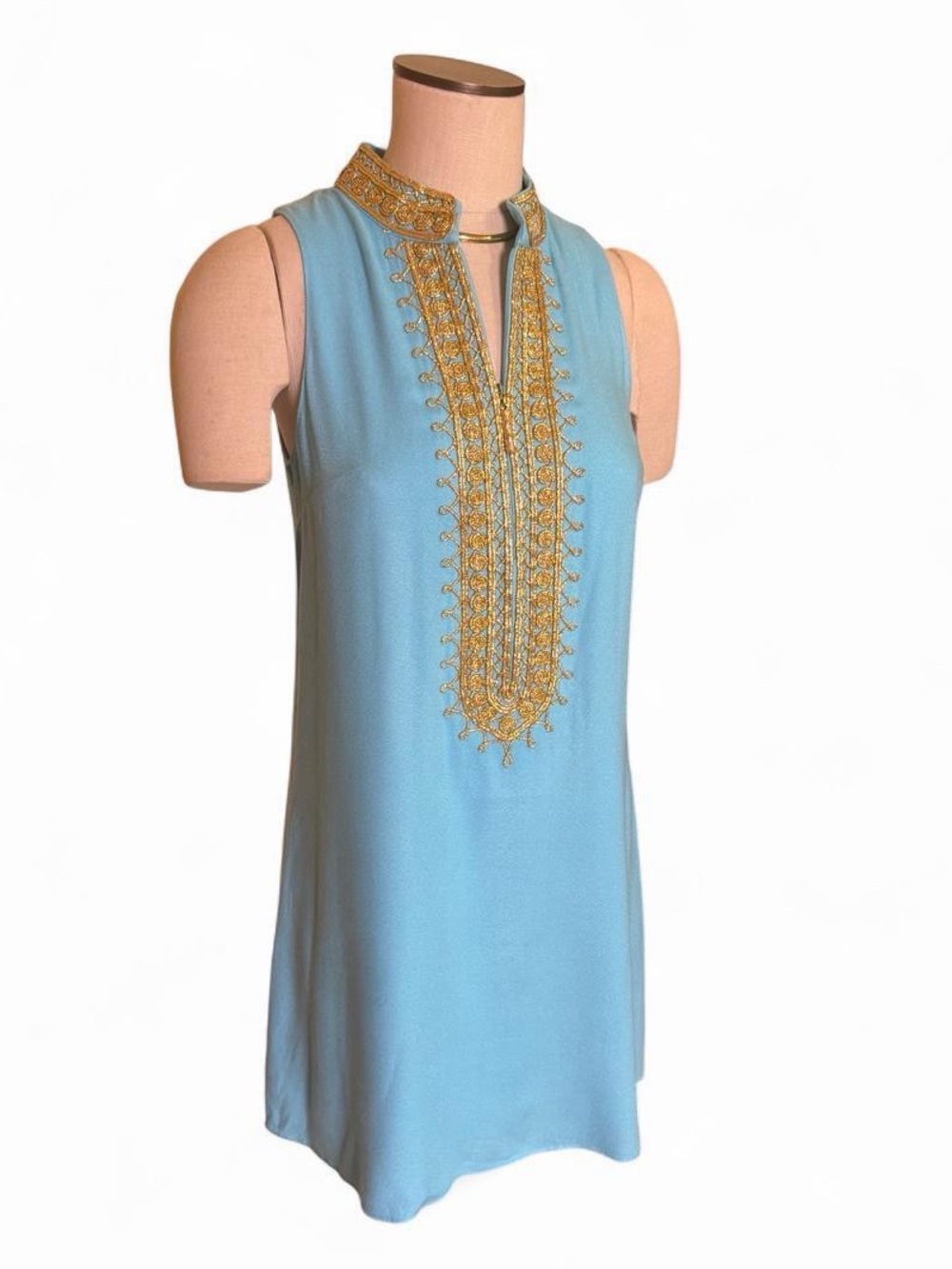 Lilly Pulitzer Sleeveless Light Blue Tunic Mini Dress With Gold Trim